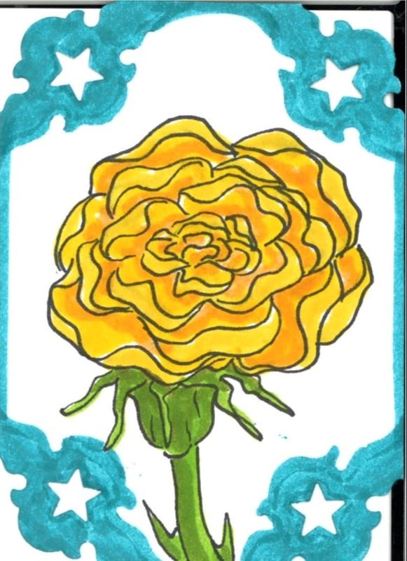 Yellow rose on card with decorative blue edges