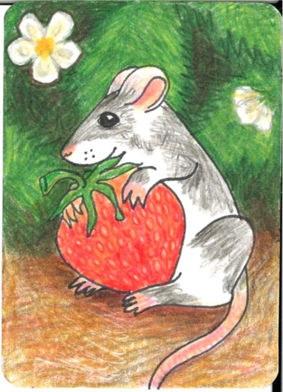 Mouse holding a strawberry, dirt and plant in background