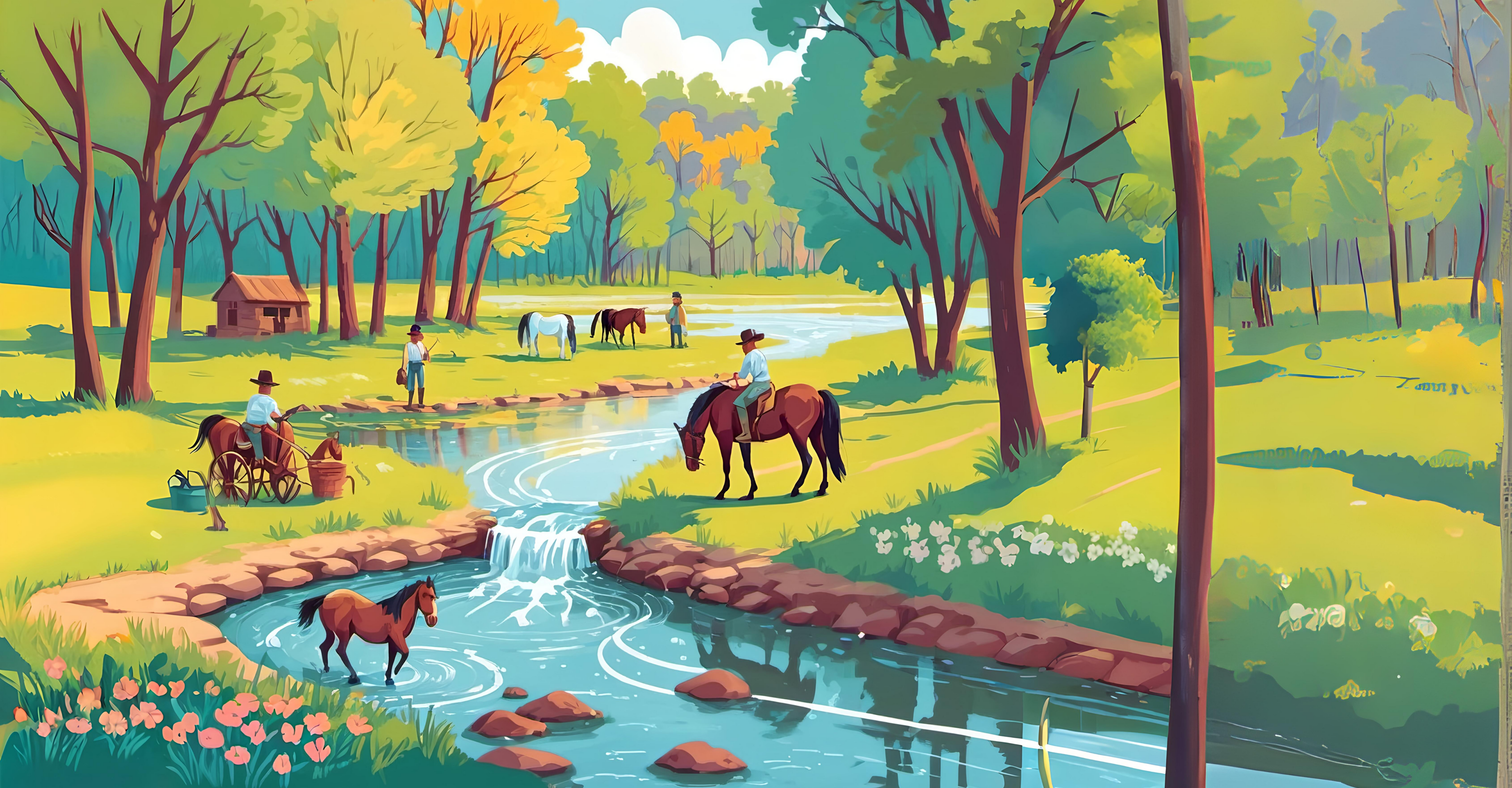 Rowland Springs artistic drawing, creek in forest, horses, old west