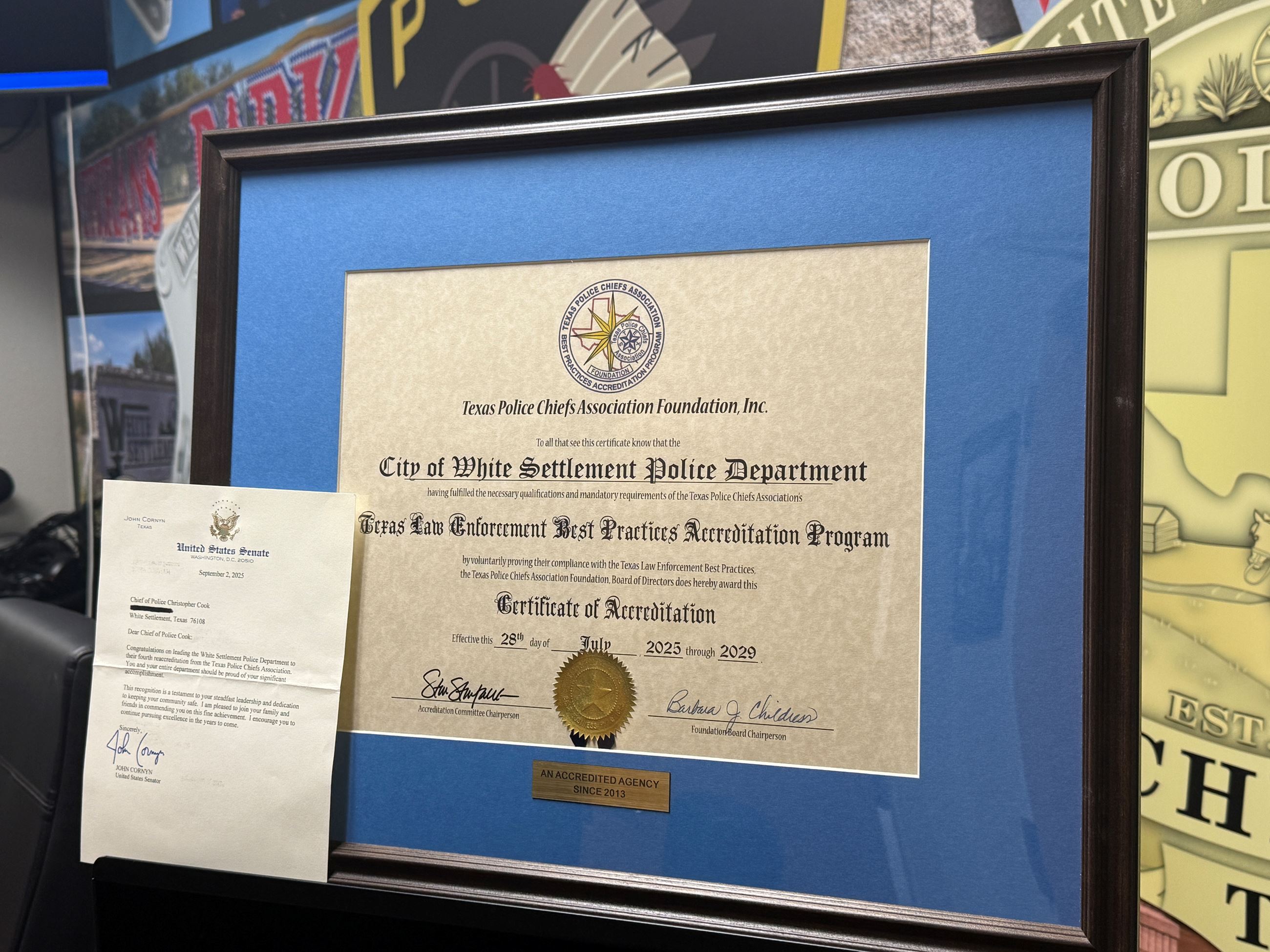 TPCA Accreditation Certificate Senator Cornyn